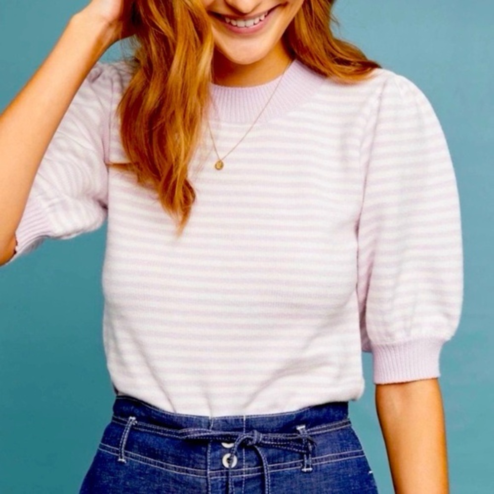 Moth Stripes Puff Sleeve Sweater Light Purple White Knit women's m preppy school